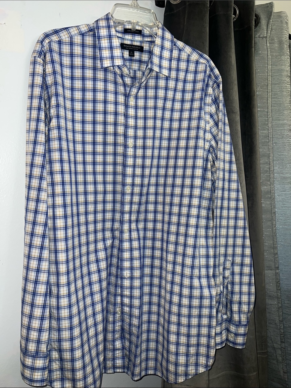 Men's Banana‎ Republic Gran Fit Blue Beige Gold  Plaid Shirt XL Supima Cotton